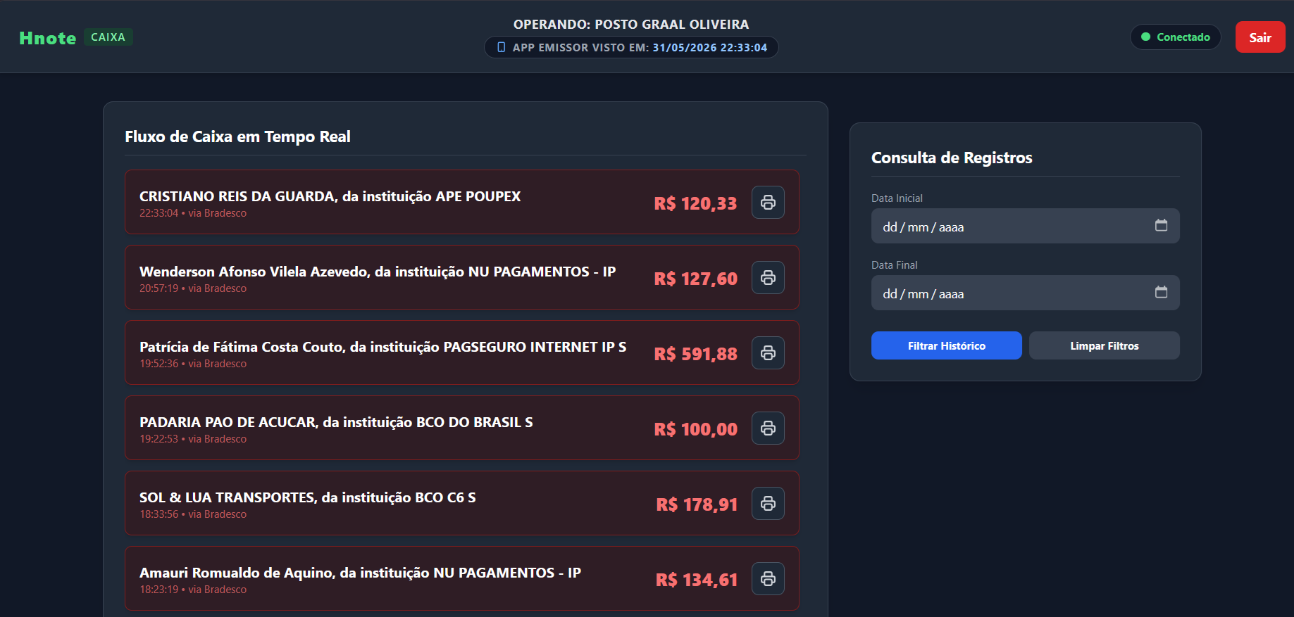 Fluxo de Caixa em Tempo Real